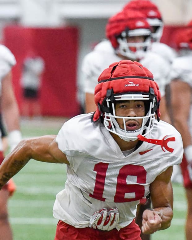 Razorbacks wide receiver Isaiah Sategna at a practice Aug. 8 at the indoor field in Fayetteville, Ark.